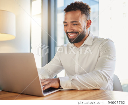 Happy business manager on laptop typing an email announcement for success or project management strategy online in office. Corporate professional smile for new website design at company startup Happy business manager on laptop typing an email announcement for success or project management strategy online in office. Corporate professional smile for new website design at company startup 94007762