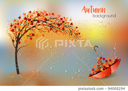 Hello a gold autumn. Autumn landscape with colorful leaves on the tree and umbrella in a park and raindrops. Vector. 94008294