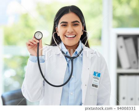 Healthcare, medicine and a happy doctor, woman in her office with a smile and a stethoscope. Vision, success and empowerment, portrait of a female medical professional or health care employee at work 94008331