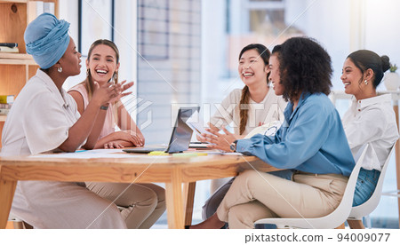 Business team, empowerment and female meeting in casual work environment. Trust, collaboration and diversity in an inclusive company. Coaching, motivation and positive woman working in leadership. 94009077