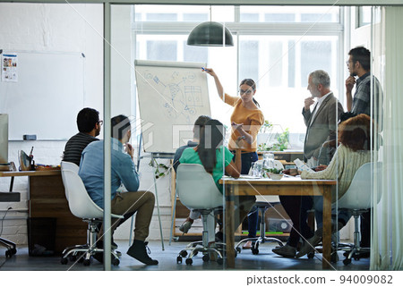 Motivation, innovation and teamwork during a presentation and marketing meeting in an office boardroom. Creative businesspeople discussing their company vision and development under good leadership 94009082