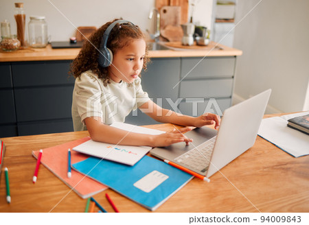 Child education, learning and listening with laptop and headphones for online interactive activity or distance teaching lesson at home. A little, smart and modern student busy with an assignment test Child education, learning and listening with laptop and headphones for online interactive activity or distance teaching lesson at home. A little, smart and modern student busy with an assignment test 94009843