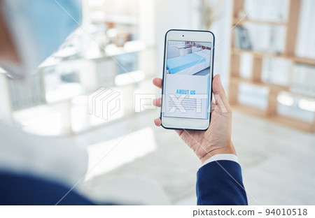 Phone, about us and covid hospital contact us website for medical room, healthcare bed and healthcare insurance. Zoom on woman with face mask, hand and social media web design for medicine investment 94010518