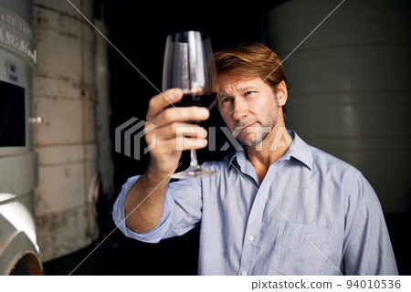 Skilled sommelier. Shot of a handsome mature man standing in a wine cellar with a glass of wine. 94010536