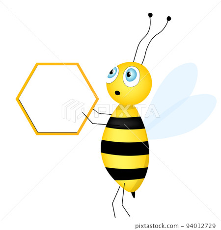 Cartoon cute bee mascot. Merry bee with an empty table. Small wasp. Vector character. Insect icon. Holiday template design for invitation, cards, wallpaper, school, kindergarten. Copy space. Cartoon cute bee mascot. Merry bee with an empty table. Small wasp. Vector character. Insect icon. Holiday template design for invitation, cards, wallpaper, school, kindergarten. Copy space. 94012729