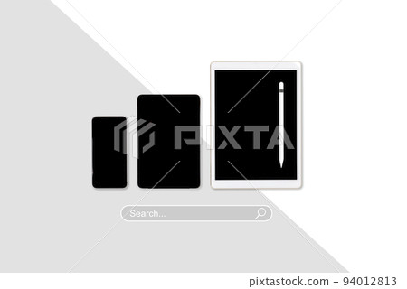 High angle view of a setting table with digital equipment and accessories of business workplace on modern background. High angle view of a setting table with digital equipment and accessories of business workplace on modern background. 94012813