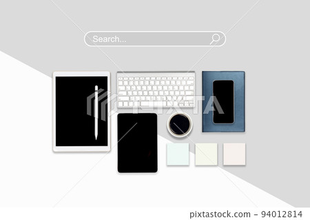 High angle view of a setting table with digital equipment and accessories of business workplace on modern background. 94012814
