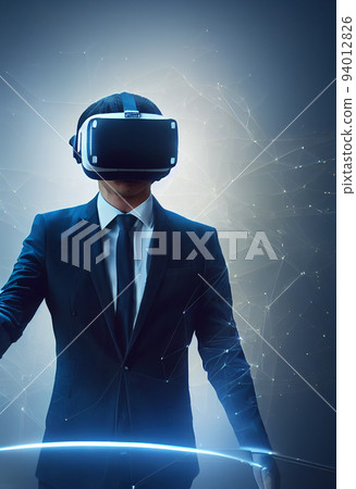 Illustration of Silhouette wearing Virtual reality device(VR) working and playing in digital world. 3D illustration. 94012826
