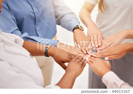 Collaboration, community and global mission with business people united hands in team building activity. Corporate employee team huddle in support of goal, vision or target while having fun together 94013167