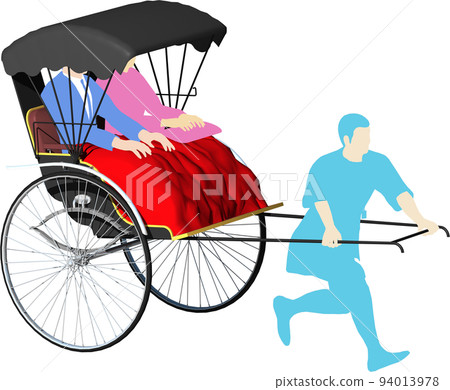 神社和寺廟的觀光景點必不可少的人力車。人力車司機和乘客的插圖。背景透明圖片 神社和寺廟的觀光景點必不可少的人力車。人力車司機和乘客的插圖。背景透明圖片 94013978