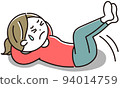 A young woman with a stiff body doing sit-ups with a painful expression 94014759