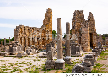 Surviving Hellenistic gate towers and Corinthian column in Perga, Turkey 94016253