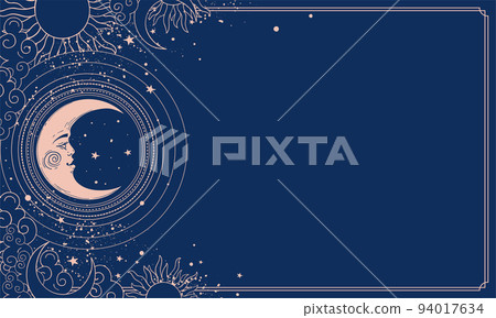 Magical boho banner for yoga with copy space. Moon with moon on blue vintage background, space for text. Vector celestial illustration for tarot, astrology, zodiac, esoteric. 94017634