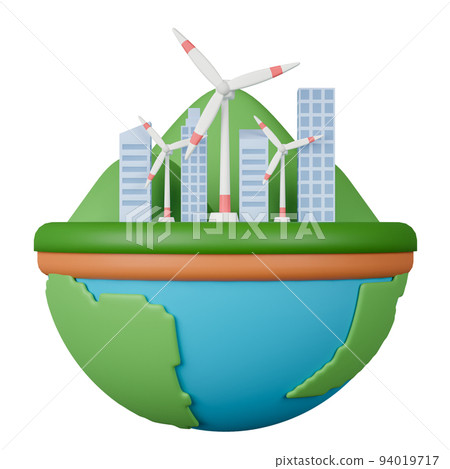 3d rendering wind turbines with city and mountain on earth. 3d rendering wind turbines with city and mountain on earth. 94019717