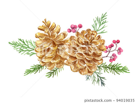 松果和紅色水果的裝飾水彩插圖 94019835