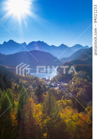 高山夕照，夕陽，高天鵝城堡，アルプスの夕日、夕日、ハイスワン城、Alpine sunset, sun 94021253