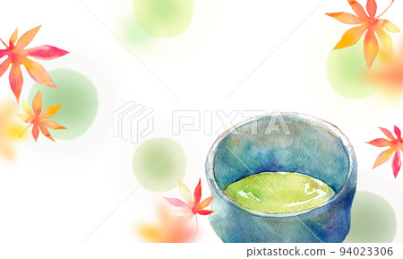 Autumn leaves and matcha green tea background material watercolor 94023306