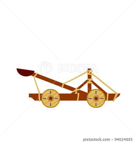 Catapult. Ancient weapons for the siege of the fortress. Wooden medieval artillery ballista. 94024885