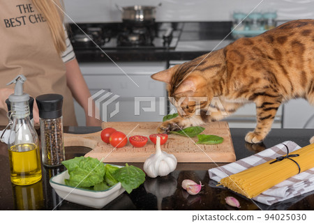 The cat plays with vegetables on the kitchen table. 94025030
