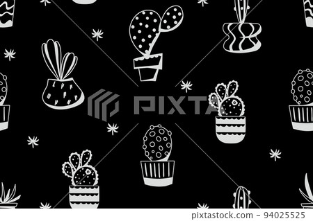 Cacti seamless pattern on a black background. Vector background with desert plants. Doodle illustration. 94025525