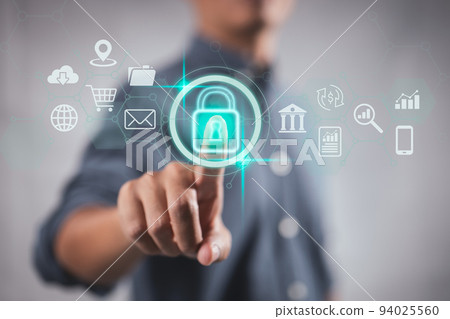 Concepts of cybersecurity and privacy are used to safeguard data. Internet network security technologies and the lock symbol. A businessman uses virtual screen interfaces to secure sensitive data. Concepts of cybersecurity and privacy are used to safeguard data. Internet network security technologies and the lock symbol. A businessman uses virtual screen interfaces to secure sensitive data. 94025560