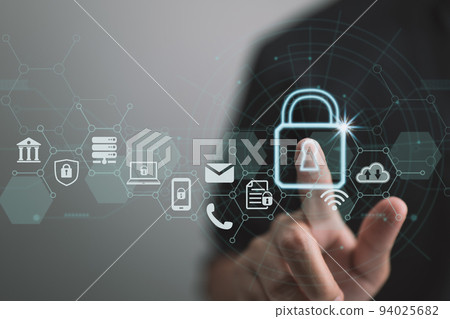 Data security and privacy. A network of cybersecurity. Individuals private information is protected by this businessman. A padlock symbol and a connection to the internet. 94025682