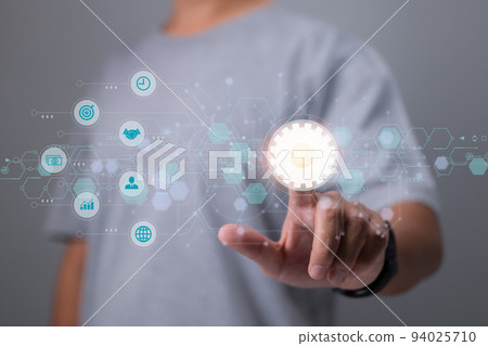 Diagram of business process management and workflow automation with gears and icons in the background and a connection line network. Manager interacting with the interface. 94025710