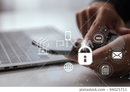 Cybersecurity on the internet, a user writing a password on a smartphone, and cyber security. 94025711