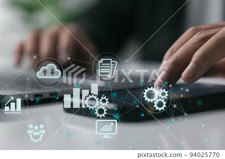 Businessman touch on smartphone. Concept of business automation software technology process system Businessman touch on smartphone. Concept of business automation software technology process system 94025770