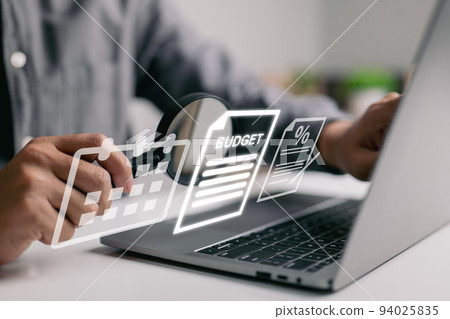 Financial family planning and budgeting. The concept of money management for a little person. Wealth with the tax percentage and monthly income. Keeping track of personal expenses. 94025835