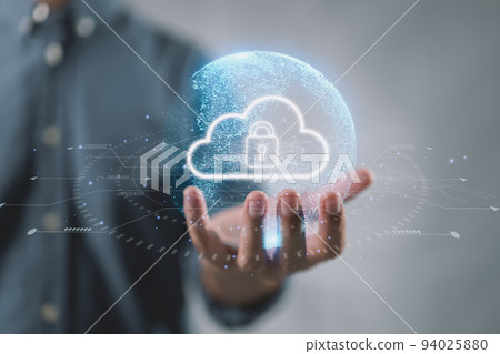 Cloud computing technology database storage security concept Backup transfer. There is a large cloud icon on the right in an abstract world on businessman. 94025880