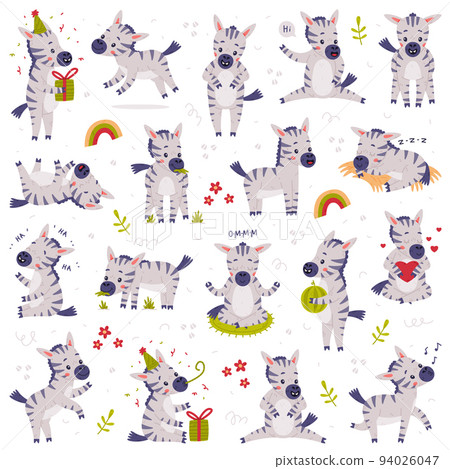 Funny Zebra as African Equine with Black-and-white Striped Coat Doing Different Activity Vector Set Funny Zebra as African Equine with Black-and-white Striped Coat Doing Different Activity Vector Set 94026047