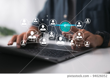 With his fingerprint, a businessman pushes a current technology web panel. With his fingerprint, a businessman pushes a current technology web panel. 94026052