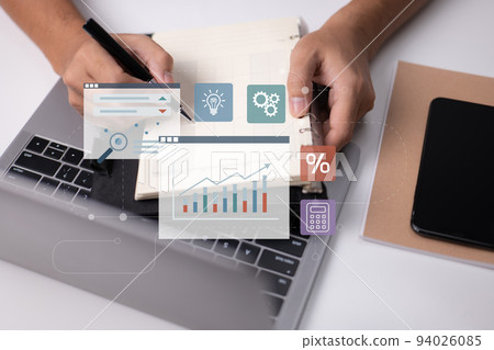 Online consultancy and training in business management. networking with executives and examining financial graphs. 94026085