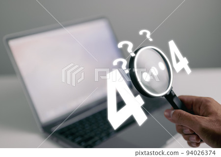 A guy checks a webpage message with a magnifying glass and question marks. A guy checks a webpage message with a magnifying glass and question marks. 94026374