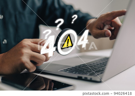 A man examines a website message with a magnifying glass and question marks. of error 404, page not found, online service notification. 94026418