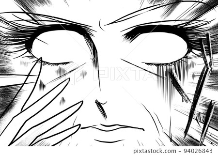 70's girl's cartoon The face of an aunt whose eyes are white with fear due to increased spots and wrinkles Black and white illustration 94026843