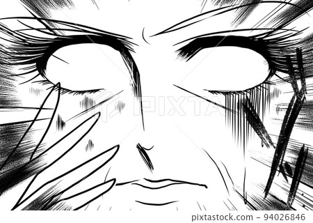 70's girls' cartoon The face of an old lady who becomes white-eyed with fear due to increased age spots and wrinkles Black and white wide size illustration 94026846