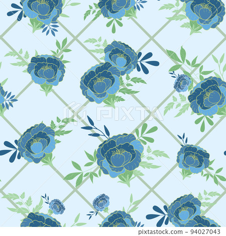 Blue peonies leaves bunches on criss cross vector seamless pattern surface design background. Blue peonies leaves bunches on criss cross vector seamless pattern surface design background. 94027043