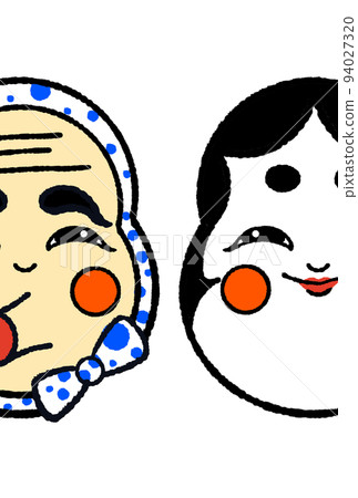 Otafuku 和 Hyottoko Fukuwarai 簡單可愛的日本新年賀卡模板 94027320