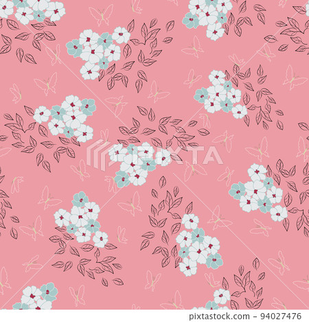 Vector pink butterflies garden seamless repeat pattern background. Vector pink butterflies garden seamless repeat pattern background. 94027476