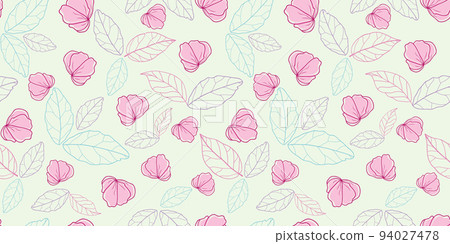 Pink flowers ditsy with colourful leaves outlines on light ground vector seamless pattern background. Pink flowers ditsy with colourful leaves outlines on light ground vector seamless pattern background. 94027478