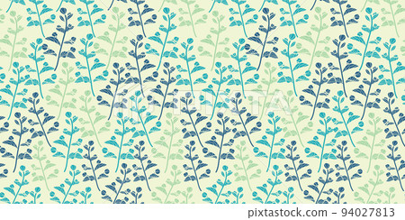 Colourful blue green tiny plants twigs ditsy on light vector seamless gender neutral pattern.  94027813
