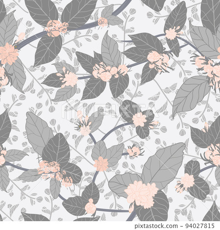 Vector grey pink jasmine flowers garden leaves with texture delicate seamless pattern background.  94027815