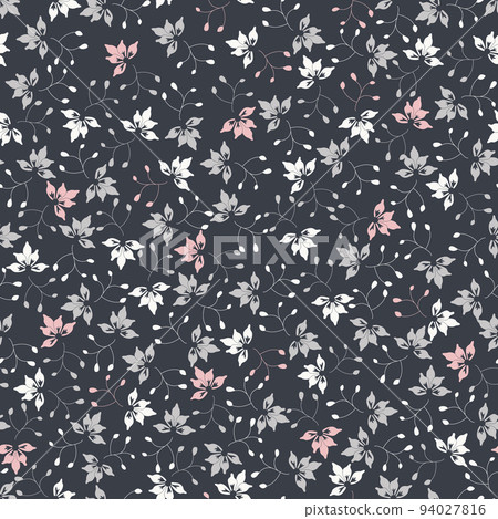 Vector tiny floral network on dark seamless repeat pattern background. Hand drawn elements. 94027816