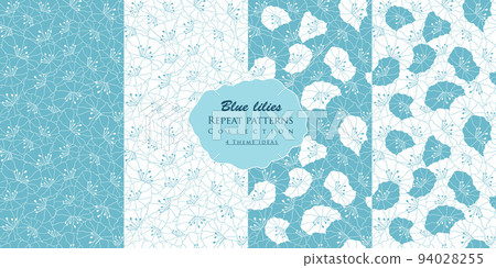 Vector set of blue lilies 4 seamless repeat pattern. Hand drawn line art pattern background.  94028255
