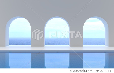 Sea view beside terrace in swimming pool modern luxury, swimming on sea view at vacation. 3d rendering illustration tourist resort. Holiday in summer season fantasy and reality into dreamlike spaces Sea view beside terrace in swimming pool modern luxury, swimming on sea view at vacation. 3d rendering illustration tourist resort. Holiday in summer season fantasy and reality into dreamlike spaces 94029244