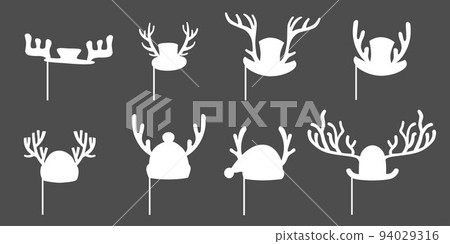 Christmas Santa hats with antlers set for photo prop box. Vector stock outline illustration isolated on black background for photo booth winter holiday industry. EPS10 Christmas Santa hats with antlers set for photo prop box. Vector stock outline illustration isolated on black background for photo booth winter holiday industry. EPS10 94029316