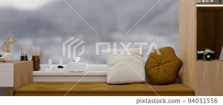 Comfortable window couch or window bench seat with accessories. Home living room interior 94031556