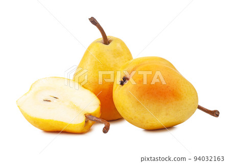 Three yellow fresh ripe pears isolated on white background Three yellow fresh ripe pears isolated on white background 94032163